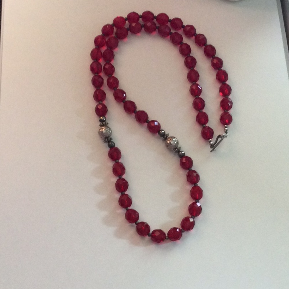 Red glass and silver Beaded Necklace